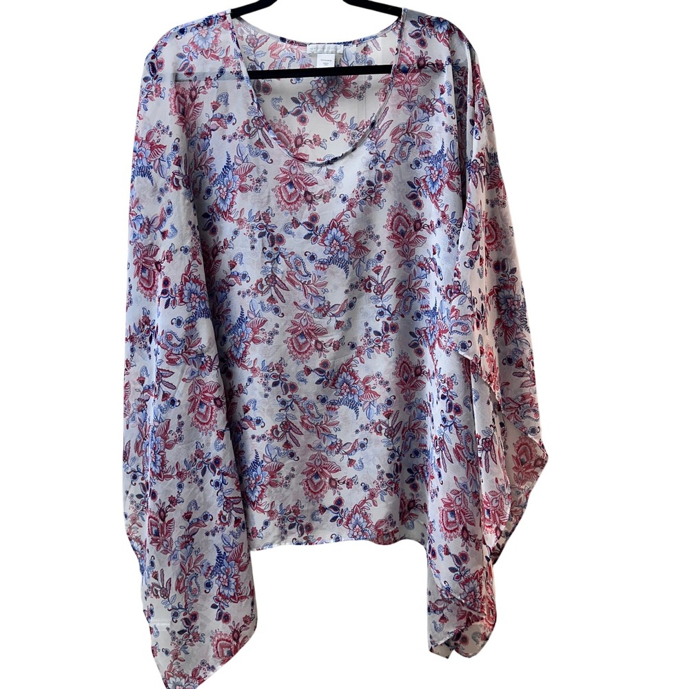 New York & Company Floral Batwing Sleeve Chiffon Blouse L/XL